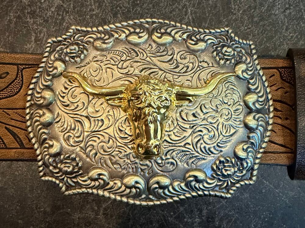 Western Longhorn Style Belt Cast Buckle Floral & Longhorn Bull Head Unisex